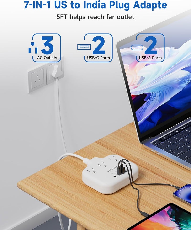 meta-ant US to India Plug Adapter, India Power Adapter with 3 American Outlets 4 USB Charger Ports(2 USB C), 5FT India Extension Cord, Type D Travel Adapter for USA to India Bangladesh Maldives Nepal - Image 4